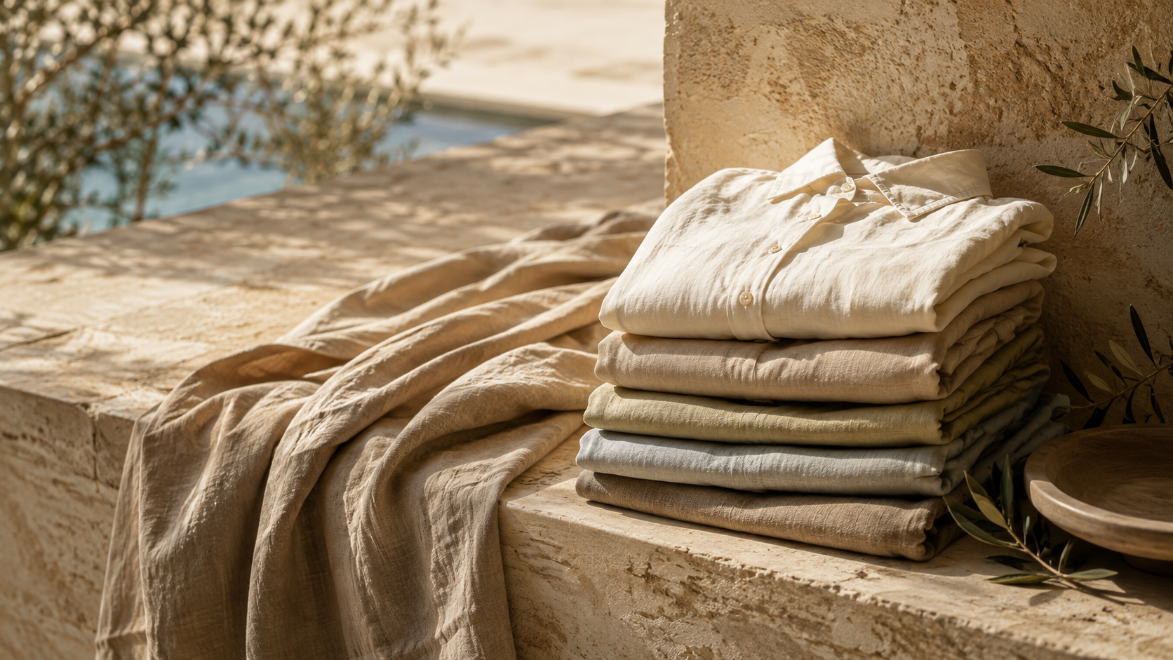 Man in a relaxed linen shirt leaning against a stone pillar